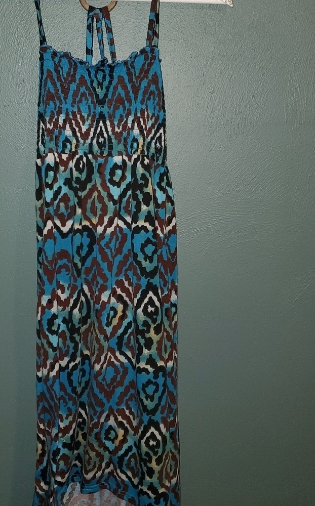 FEATHERS blue print strappy asymmetrical dress